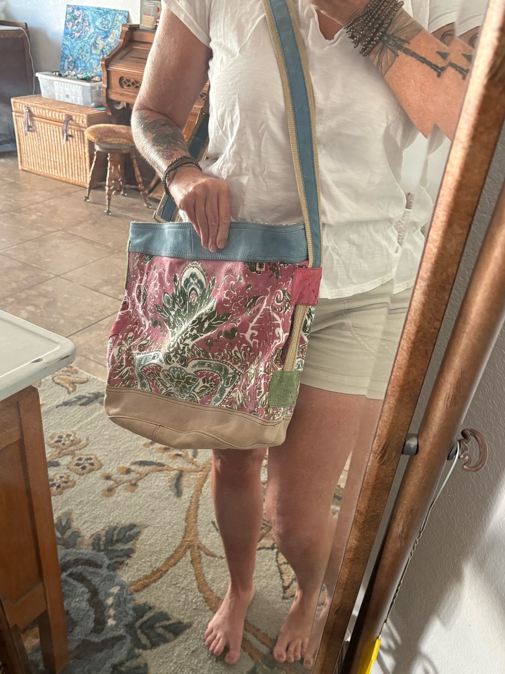 Lucky Brand Pink and Green XL Canvas Leather Shoulder Bag with Tan Suede Trim - Picture 16 of 16
